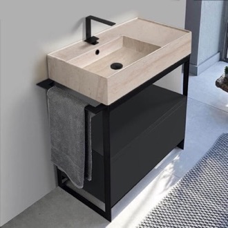 Console Bathroom Vanity Console Sink Vanity With Beige Travertine Design Ceramic Sink and Matte Black Drawer, 35